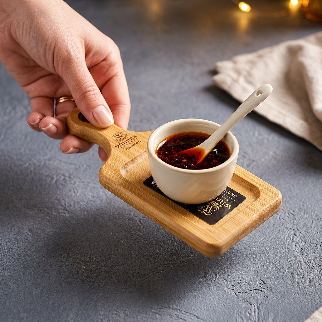 Hand holding bamboo paddle tray serving dipping sauce ramekin