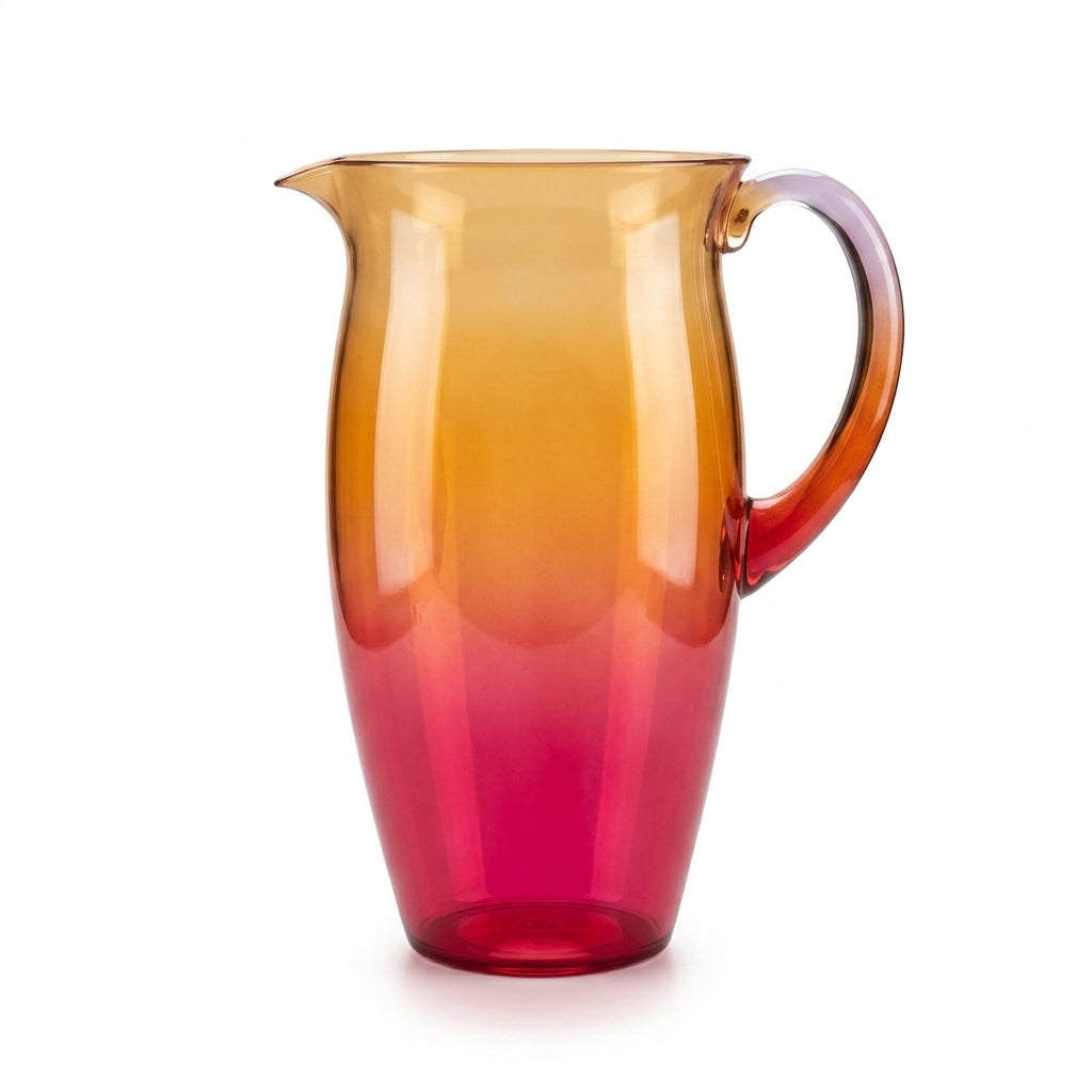 Vibrant gradient ombre beverage pitcher on pure white studio background