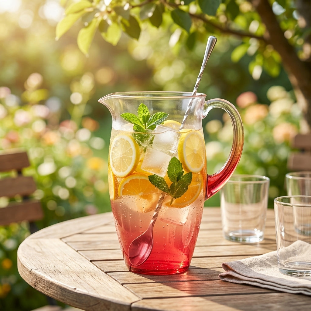 Ombre beverage pitcher filled with iced lemonade on a sunny patio table
