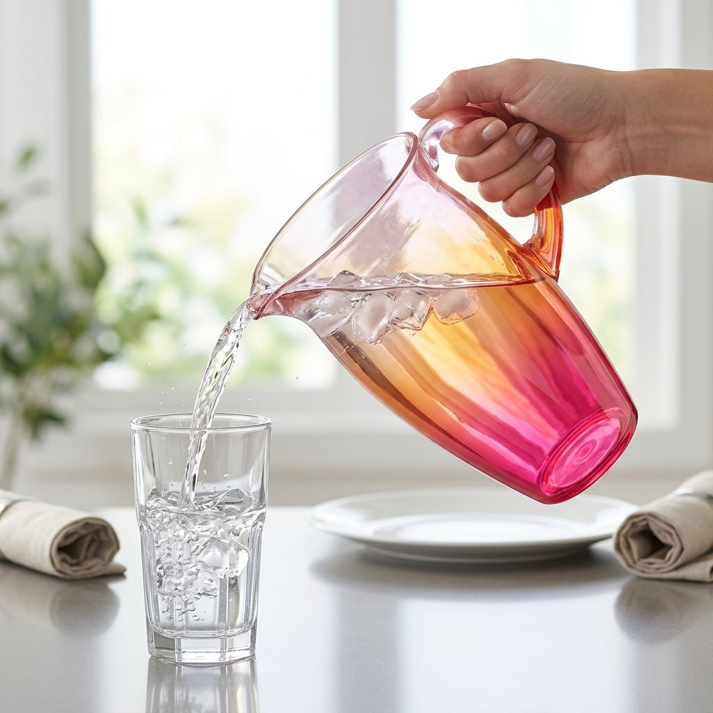 Pouring cold water from the gradient ombre pitcher into a glass