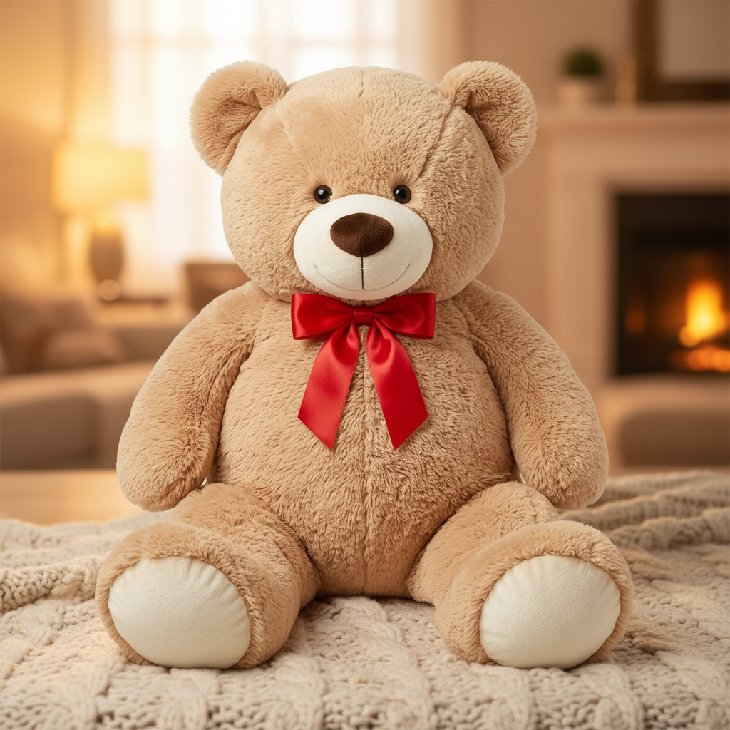Giant plush brown teddy bear seated on white studio background