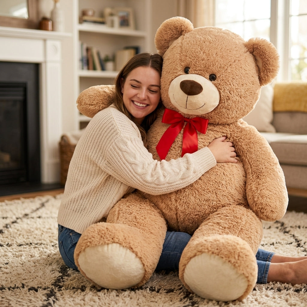 Young woman hugging oversized plush teddy bear demonstrating giant scale