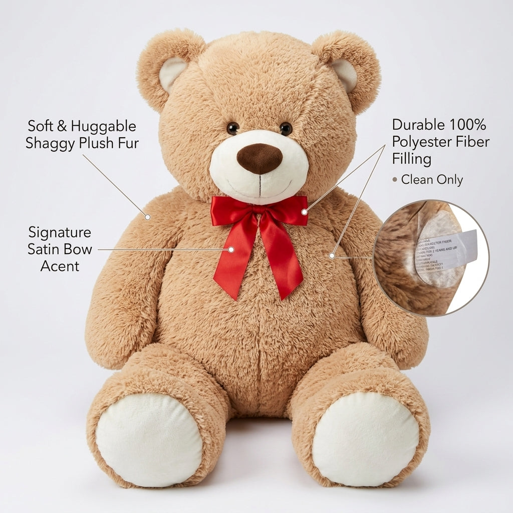 Feature callout graphic highlighting plush fur, satin bow, and polyester fill