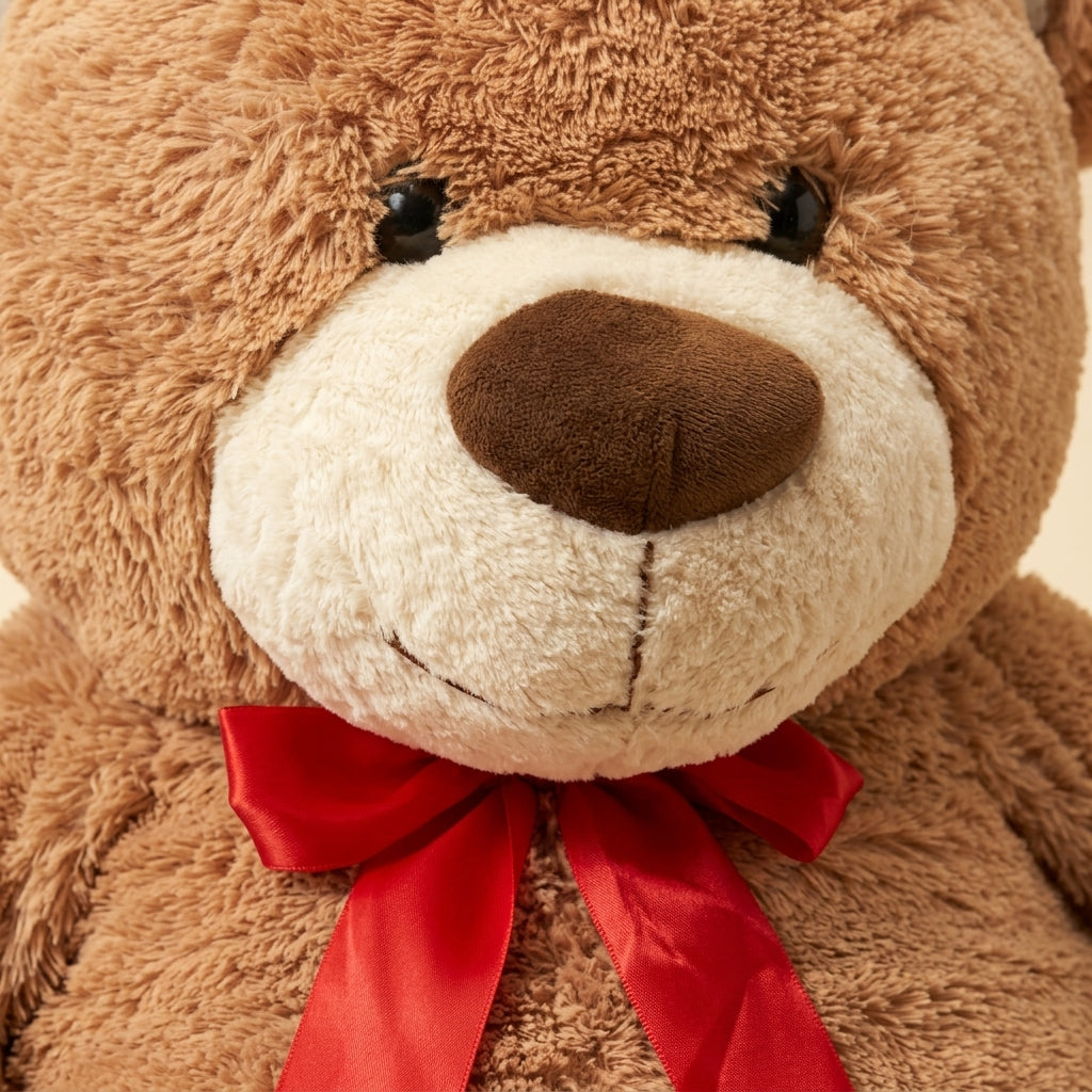 Close-up detail of plush teddy bear soft fur texture and red satin bow