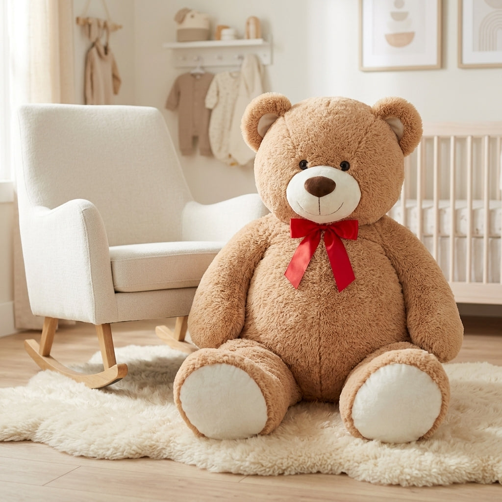 Giant plush teddy bear styled in a modern cozy nursery beside an armchair
