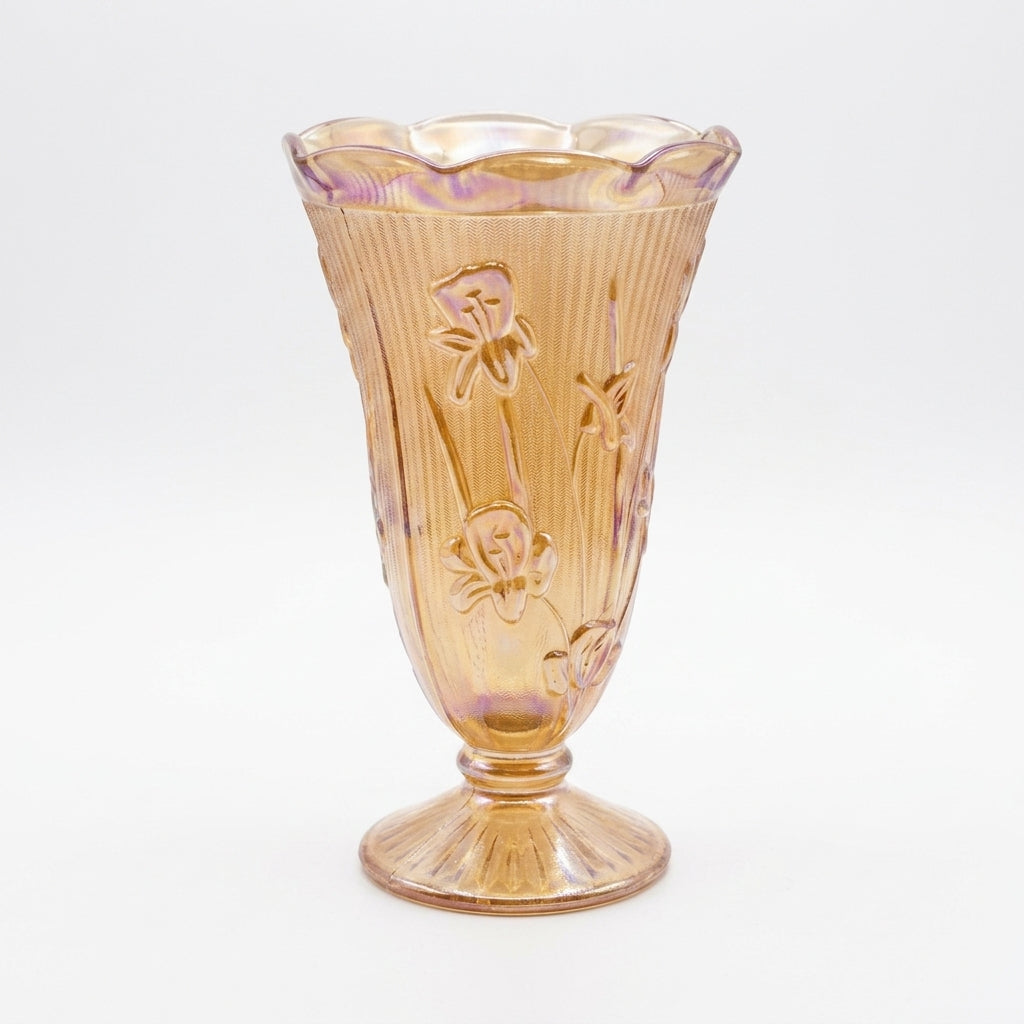 Vintage marigold carnival glass pedestal vase on pure white background