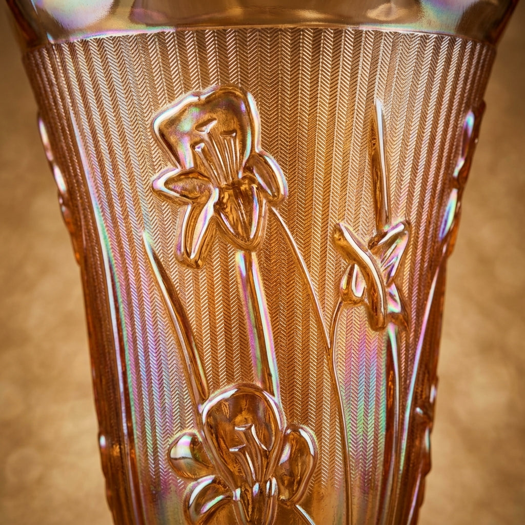 Close-up texture and embossed floral relief on iridescent carnival glass