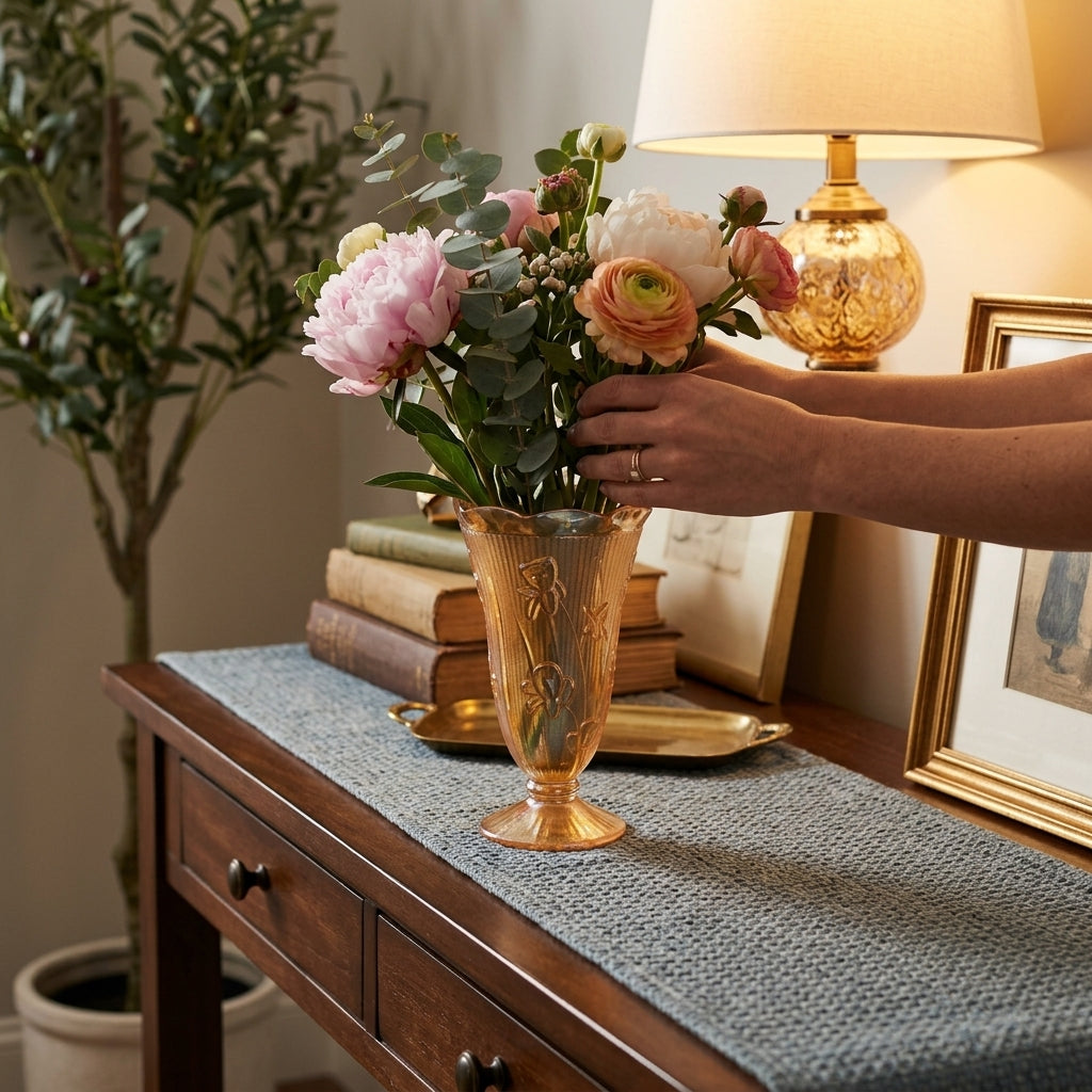 In-use view placing floral bouquet into marigold footed glass vase