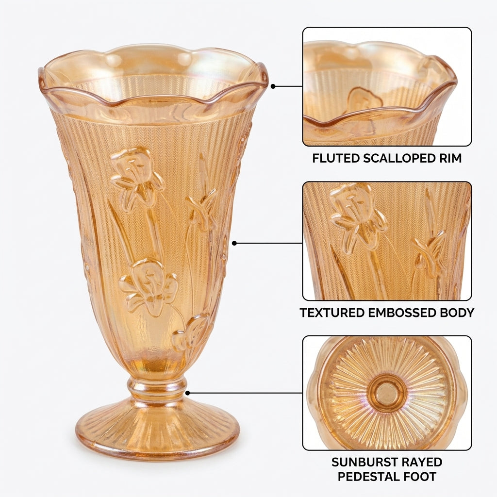 Feature overview highlighting scalloped rim, textured body, and rayed base