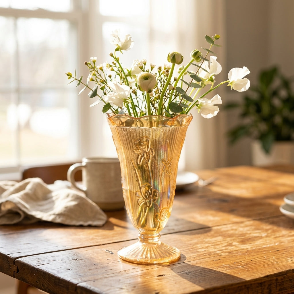 Lifestyle styling of iridescent carnival glass vase on dining table with floral stems